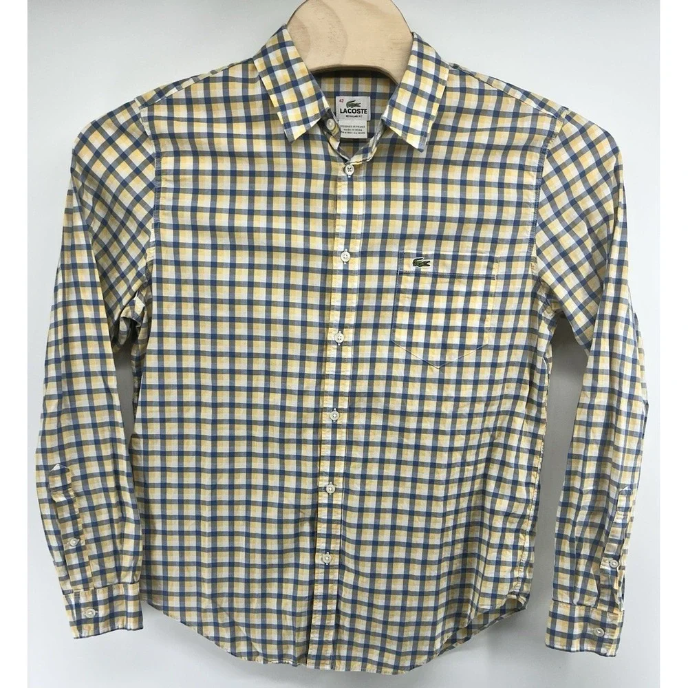 Lacoste Reg Fit Button Down Shirt 42 Blue Yellow White Plaid Long Sleeved Cotton - Picture 2 of 4